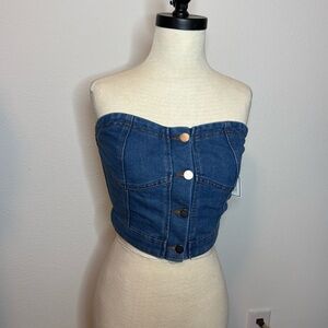 MD denim blue jean top strapless corset top button down elastic stretch back NWT